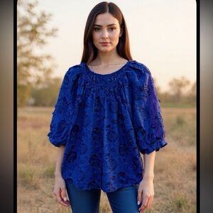 Chico's Royal Blue Floral Lace Blouse